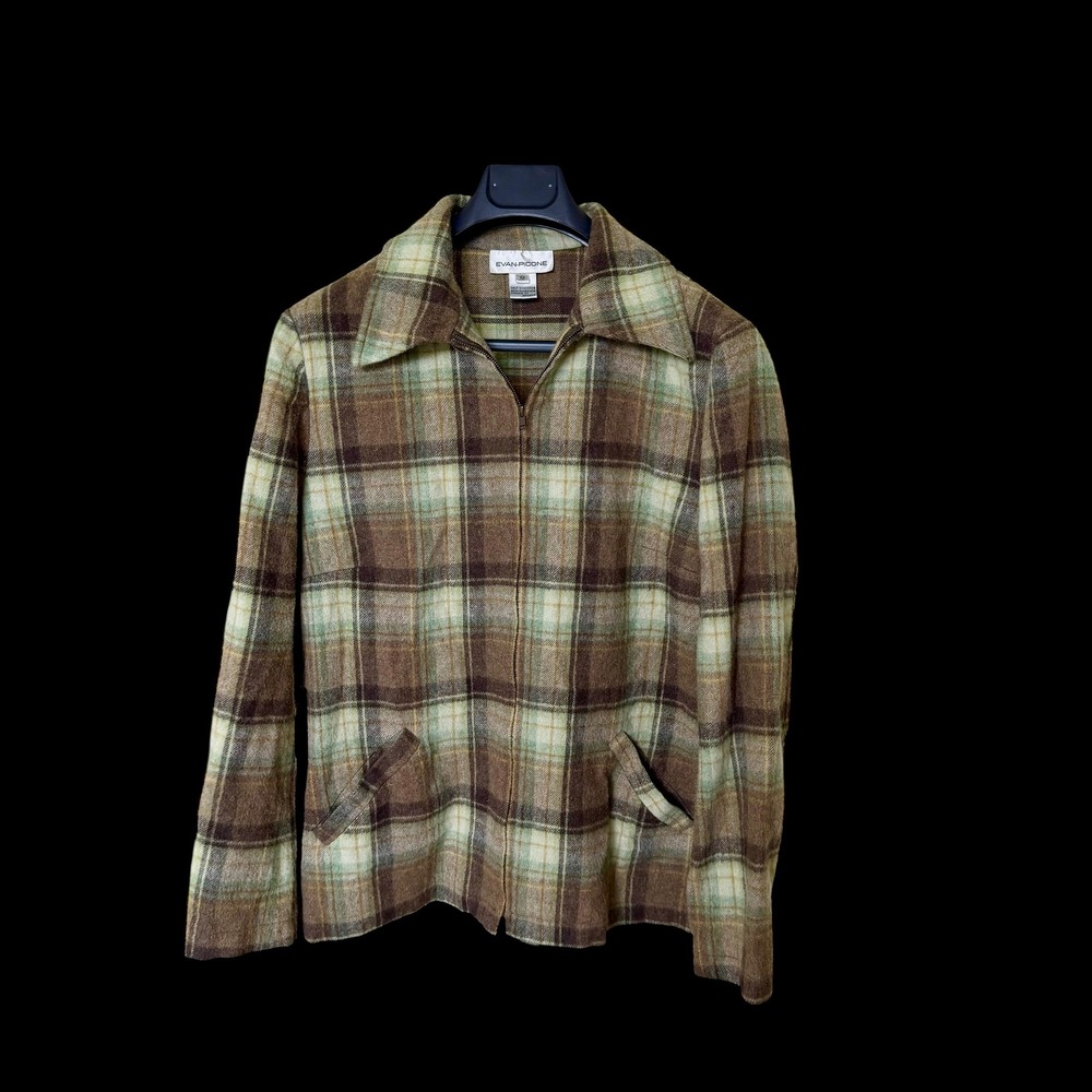 Vintage 70's Evan-Picone Green Plaid Zip Jacket Sz 12 Vintage Style Blazer